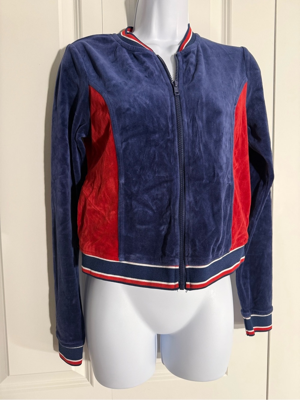 silence + noise Navy and Red Zip-Front Velour Bomber